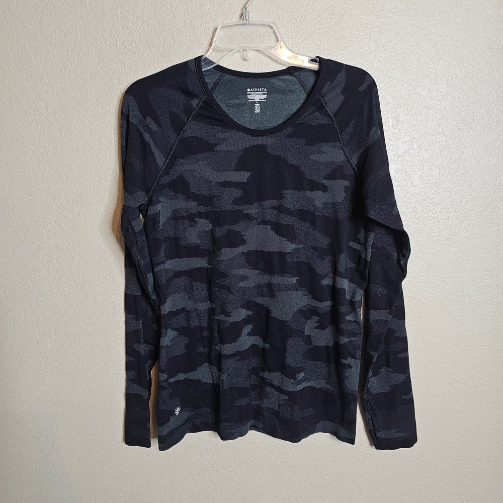 Athleta Momentum Camo Long Sleeve Top Grey Black Seamless Thumbholes Large